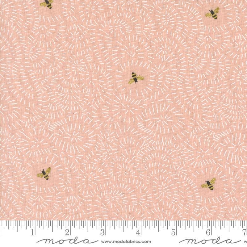 Image of the Bee Garden Metallic Twists and Turns Rose quilting cotton fabric by Gingiber for Riley Blake Designs. Features bees on a pink background. Cute Little Fabric Shop