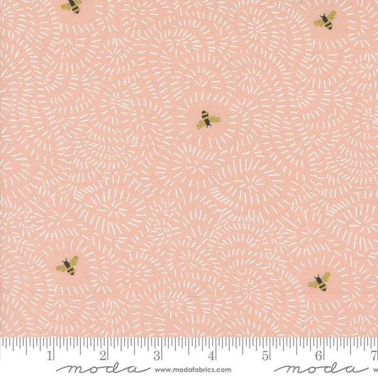 Image of the Bee Garden Metallic Twists and Turns Rose quilting cotton fabric by Gingiber for Riley Blake Designs. Features bees on a pink background. Cute Little Fabric Shop