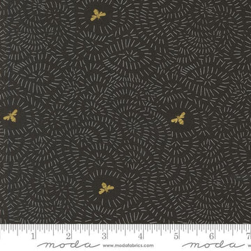 Image of the Bee Garden Metallic Twists and Turns Black quilting cotton fabric by Gingiber for Riley Blake Designs. Features bees on a black background. Cute Little Fabric Shop