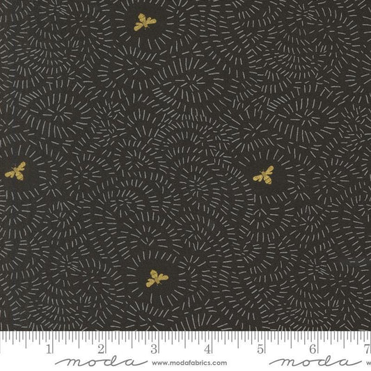 Image of the Bee Garden Metallic Twists and Turns Black quilting cotton fabric by Gingiber for Riley Blake Designs. Features bees on a black background. Cute Little Fabric Shop