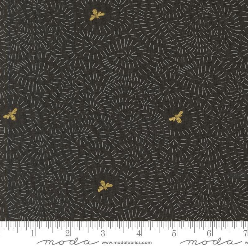Image of the Bee Garden Metallic Twists and Turns Black quilting cotton fabric by Gingiber for Riley Blake Designs. Features bees on a black background. Cute Little Fabric Shop