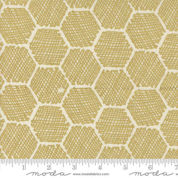 Image of the Bee Garden Metallic Honeycomb Porcelain quilting cotton fabric by Gingiber for Riley Blake Designs. Features honeycomb on a yellow background. Cute Little Fabric Shop