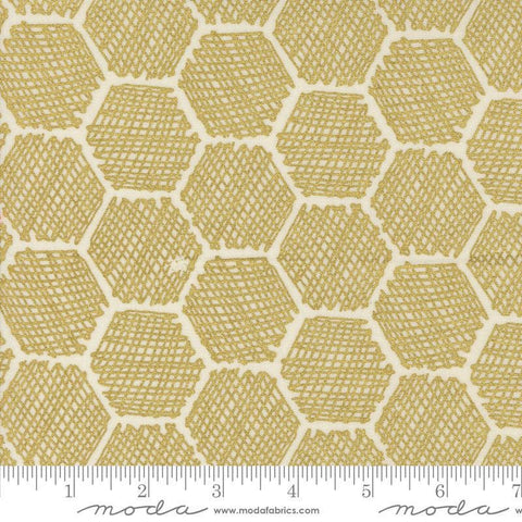 Image of the Bee Garden Metallic Honeycomb Porcelain quilting cotton fabric by Gingiber for Riley Blake Designs. Features honeycomb on a yellow background. Cute Little Fabric Shop