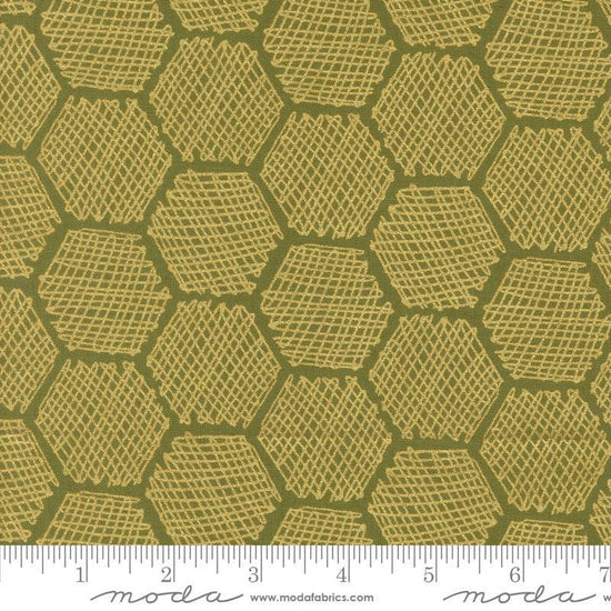 Image of the Bee Garden Metallic Honeycomb Ivy quilting cotton fabric by Gingiber for Riley Blake Designs. Features honeycomb on a green background. Cute Little Fabric Shop