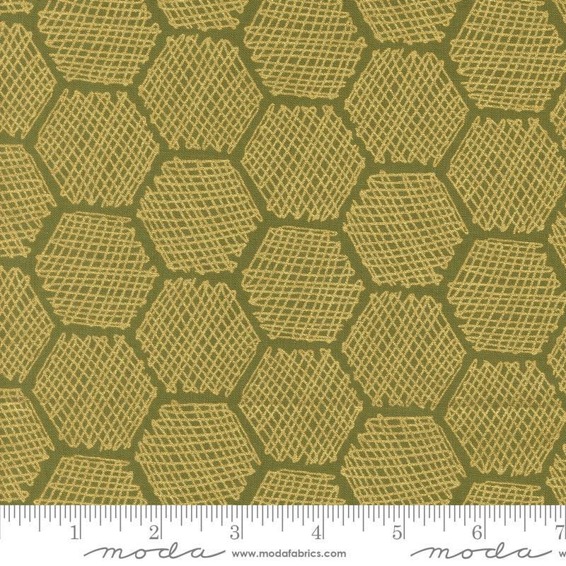 Image of the Bee Garden Metallic Honeycomb Ivy quilting cotton fabric by Gingiber for Riley Blake Designs. Features honeycomb on a green background. Cute Little Fabric Shop