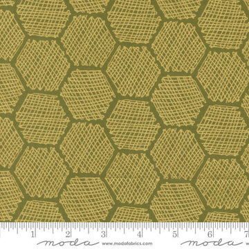 Image of the Bee Garden Metallic Honeycomb Ivy quilting cotton fabric by Gingiber for Riley Blake Designs. Features honeycomb on a green background. Cute Little Fabric Shop