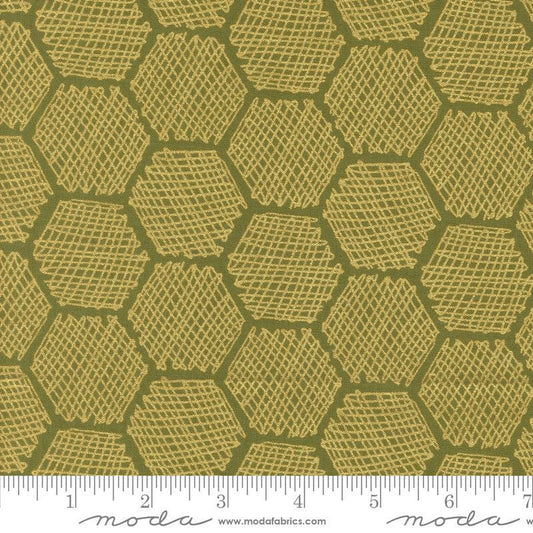 Image of the Bee Garden Metallic Honeycomb Ivy quilting cotton fabric by Gingiber for Riley Blake Designs. Features honeycomb on a green background. Cute Little Fabric Shop