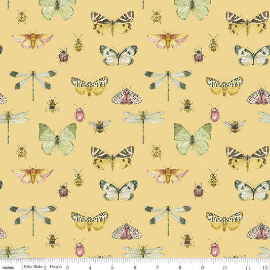 Image of the Love Me More Flutter Yellow quilting cotton fabric by Lisa Audit for Riley Blake Designs. Features butterflies on a yellow background. Cute Little Fabric Shop