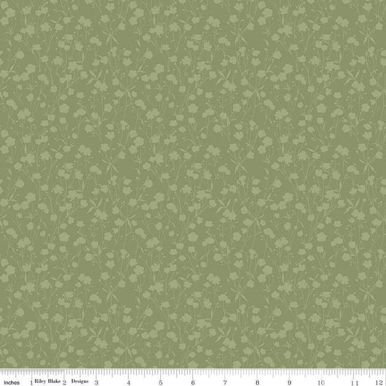 Image of the Love Me More Tonal Green quilting cotton fabric by Lisa Audit for Riley Blake Designs. Features sprigs on a green background. Cute Little Fabric Shop