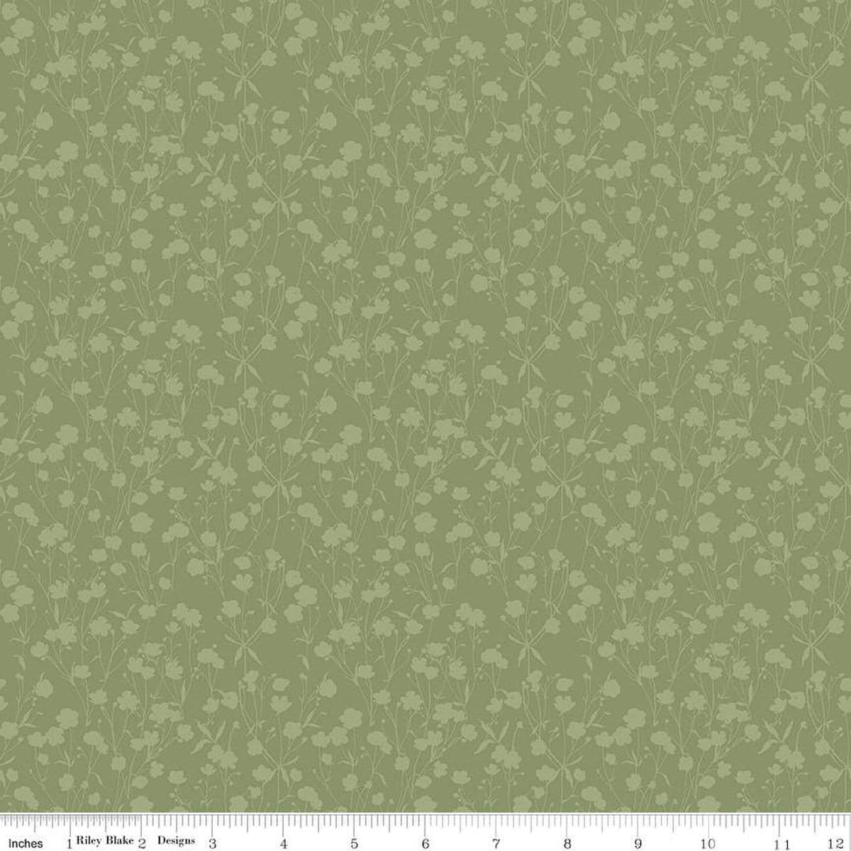Image of the Love Me More Tonal Green quilting cotton fabric by Lisa Audit for Riley Blake Designs. Features sprigs on a green background. Cute Little Fabric Shop