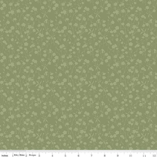 Image of the Love Me More Tonal Green quilting cotton fabric by Lisa Audit for Riley Blake Designs. Features sprigs on a green background. Cute Little Fabric Shop