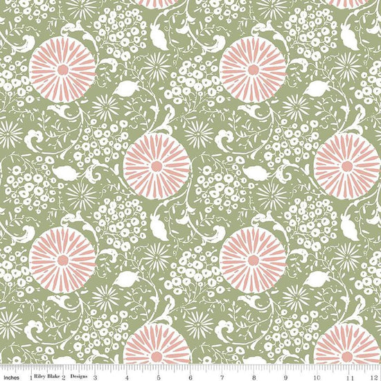 Image of the Love Me More Botanical Green quilting cotton fabric by Lisa Audit for Riley Blake Designs. Features flowers on a green background. Cute Little Fabric Shop