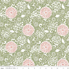 Image of the Love Me More Botanical Green quilting cotton fabric by Lisa Audit for Riley Blake Designs. Features flowers on a green background. Cute Little Fabric Shop