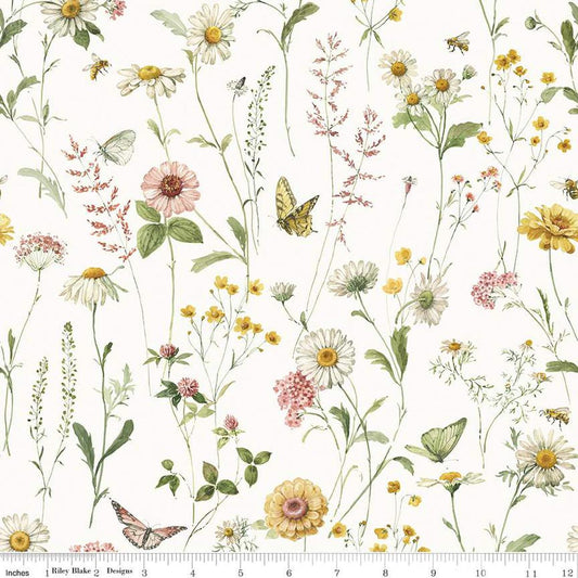 Image of the Love Me More Main Cloud quilting cotton fabric by Lisa Audit for Riley Blake Designs. Features flowers on a cream background. Cute Little Fabric Shop