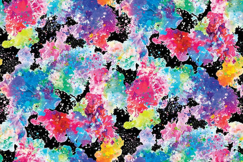 Image of the Gradients Euphoria Bursts Midnight quilting cotton fabric by Moda Fabrics. Features rainbow paint bursts on a black background. Cute Little Fabric Shop