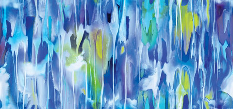 Image of the Gradients Euphoria Dripping Sky quilting cotton fabric by Moda Fabrics. Features rainbow paint drips on a blue background. Cute Little Fabric Shop