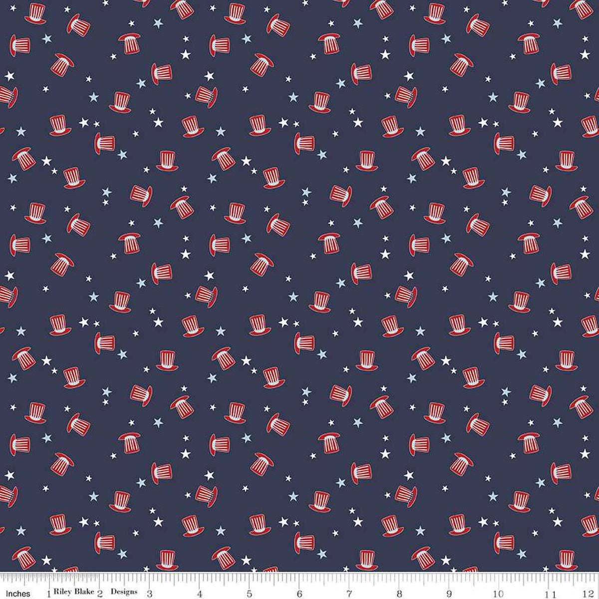 Image of the Stars and Stripes Forever Hats Navy quilting cotton fabric by Lori Whitlock for Riley Blake Designs. Features hats on a navy blue background. Cute Little Fabric Shop