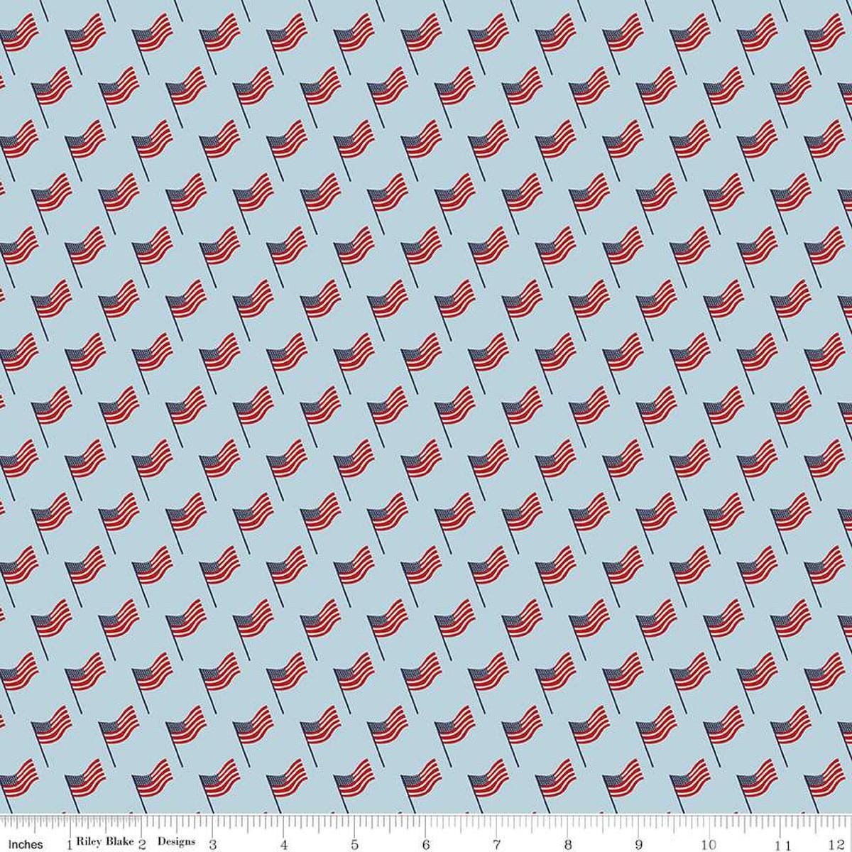 Image of the Stars and Stripes Forever Flags Sky quilting cotton fabric by Lori Whitlock for Riley Blake Designs. Features flags on a blue background. Cute Little Fabric Shop