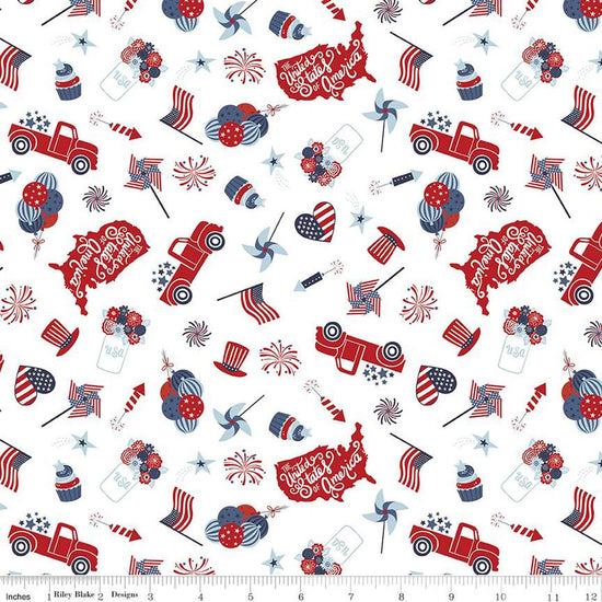 Image of the Stars and Stripes Forever Main White quilting cotton fabric by Lori Whitlock for Riley Blake Designs. Features patriotic things on a white background. Cute Little Fabric Shop