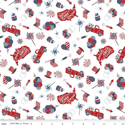 Image of the Stars and Stripes Forever Main White quilting cotton fabric by Lori Whitlock for Riley Blake Designs. Features patriotic things on a white background. Cute Little Fabric Shop