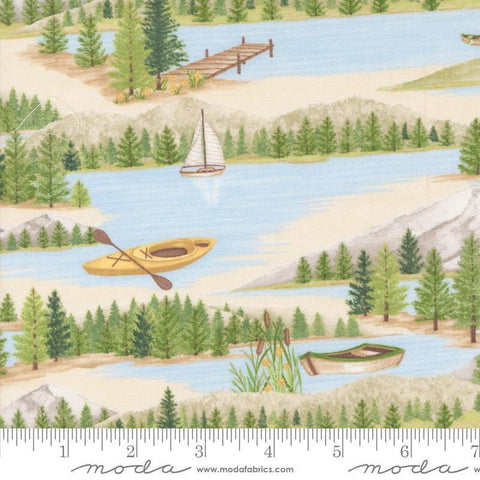 Image of the On Lake Time Landscape Cloud White quilting cotton fabric by Deb Strain for Moda Fabrics. Features a lake on a cream background. Cute Little Fabric Shop