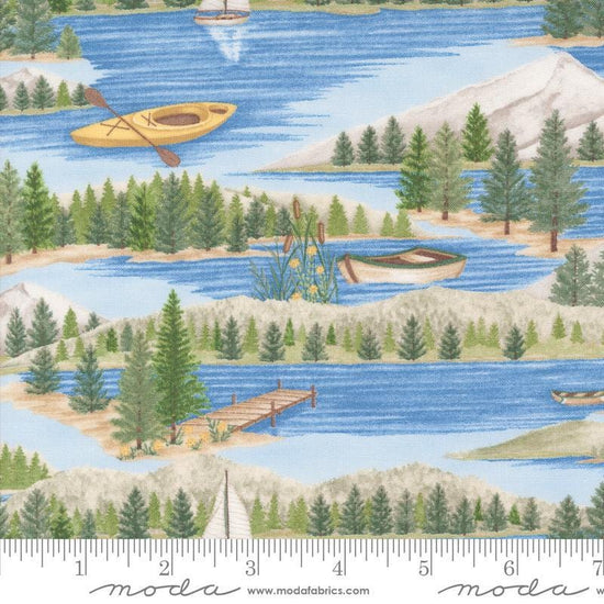 Image of the On Lake Time Landscape Sky Blue quilting cotton fabric by Deb Strain for Moda Fabrics. Features a lake on a blue background. Cute Little Fabric Shop