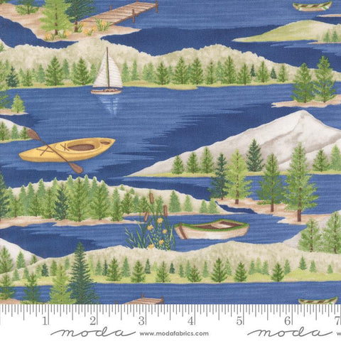 Image of the On Lake Time Landscape Deep Water quilting cotton fabric by Deb Strain for Moda Fabrics. Features a lake on a blue background. Cute Little Fabric Shop