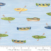 Image of the On Lake Time Canoes Sky Blue quilting cotton fabric by Deb Strain for Moda Fabrics. Features canoes on a blue background. Cute Little Fabric Shop