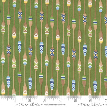 Image of the On Lake Time Paddles Evergreen quilting cotton fabric by Deb Strain for Moda Fabrics. Features paddles on a green background. Cute Little Fabric Shop
