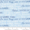Image of the On Lake Time Words Sky Blue quilting cotton fabric by Deb Strain for Moda Fabrics. Features paddles on a blue background. Cute Little Fabric Shop