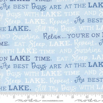 Image of the On Lake Time Words Sky Blue quilting cotton fabric by Deb Strain for Moda Fabrics. Features paddles on a blue background. Cute Little Fabric Shop