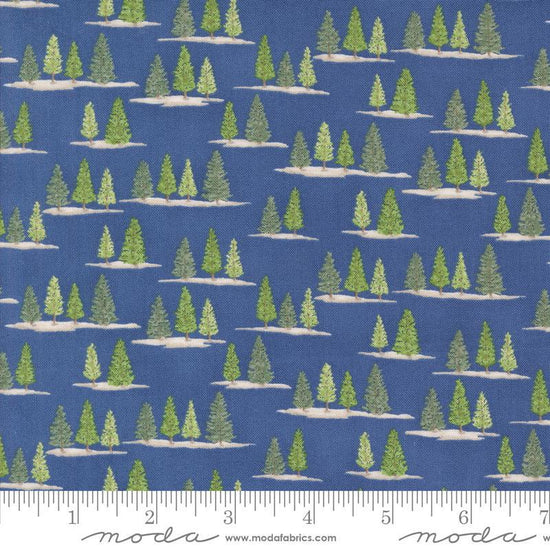 Image of the On Lake Time Trees Deep Water quilting cotton fabric by Deb Strain for Moda Fabrics. Features trees on a blue background. Cute Little Fabric Shop