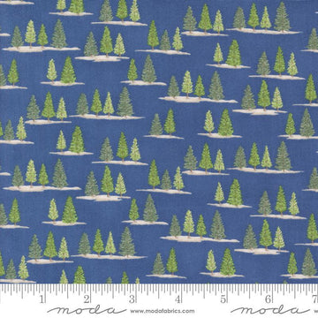 Image of the On Lake Time Trees Deep Water quilting cotton fabric by Deb Strain for Moda Fabrics. Features trees on a blue background. Cute Little Fabric Shop
