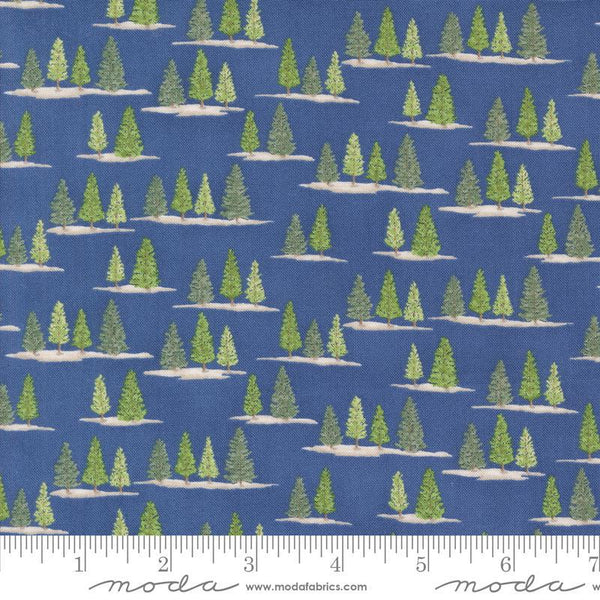 Image of the On Lake Time Trees Deep Water quilting cotton fabric by Deb Strain for Moda Fabrics. Features trees on a blue background. Cute Little Fabric Shop