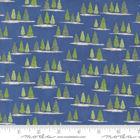 Image of the On Lake Time Trees Deep Water quilting cotton fabric by Deb Strain for Moda Fabrics. Features trees on a blue background. Cute Little Fabric Shop