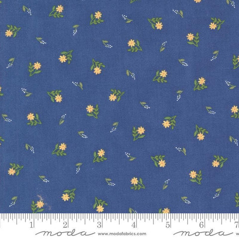 Image of the On Lake Time Flowers Deep Water quilting cotton fabric by Deb Strain for Moda Fabrics. Features flowers on a blue background. Cute Little Fabric Shop
