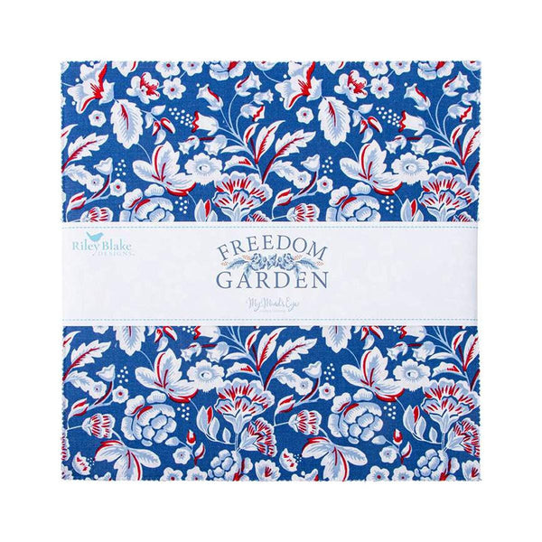 Image of the Freedom Garden 10 inch stacker by My Minds Eye for Riley Blake Designs. Features red white and blue fabrics. 
Cute Little Fabric Shop