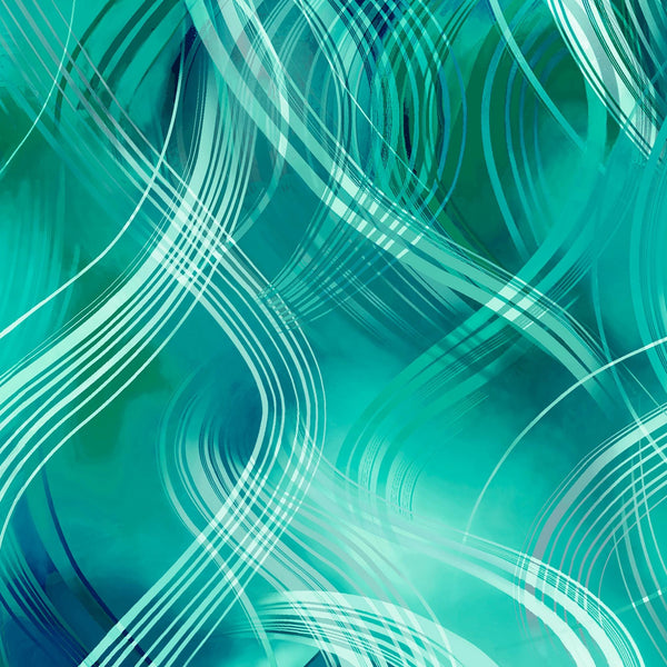 Image of the Synergy Wavy Plaid Turquoise quilting cotton fabric by QT Fabrics. Features a wave pattern on a teal background. Cute Little Fabric Shop