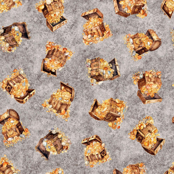 Image of the Dragon Dreams Treasure Chests Gray quilting cotton fabric by Dan Morris for QT Fabrics. Features treasure on a gray background. Cute Little Fabric Shop