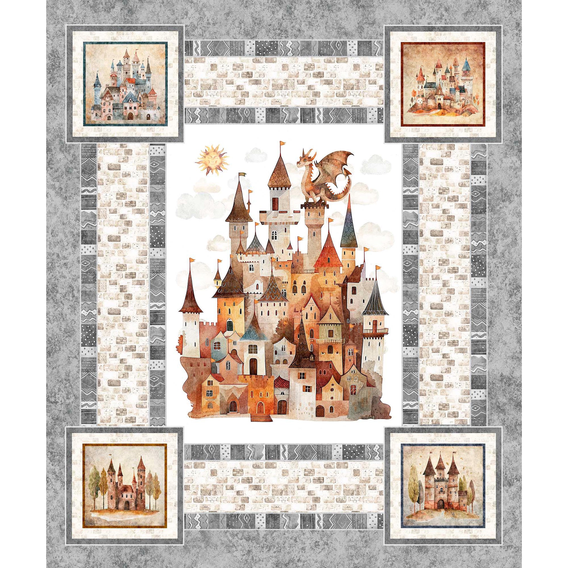 Image of the Dragon Dreams Castle & Baby Dragon Panel by Morris Creative Group by QT Fabrics. Features a castle with a dragon on top of it. 
Cute Little Fabric Shop