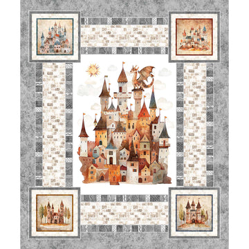 Image of the Dragon Dreams Castle & Baby Dragon Panel by Morris Creative Group by QT Fabrics. Features a castle with a dragon on top of it. 
Cute Little Fabric Shop