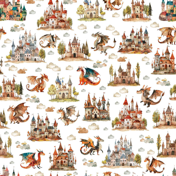 Image of the Dragon Dreams Dragon Dragons & Castles White quilting cotton fabric by Dan Morris for QT Fabrics. Features dragons on a cream background. Cute Little Fabric Shop