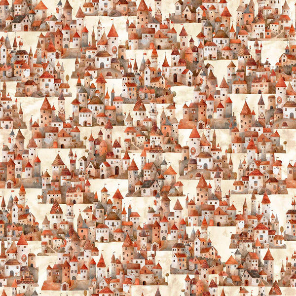 Image of the Dragon Dreams Castles Tan quilting cotton fabric by Dan Morris for QT Fabrics. Features castles on a cream background. Cute Little Fabric Shop