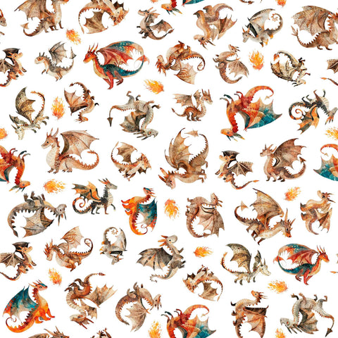 Image of the Dragon Dreams Dragons White quilting cotton fabric by Dan Morris for QT Fabrics. Features dragons on a white background. Cute Little Fabric Shop