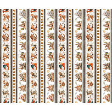 Image of the Dragon Dreams Dragon Decorative Stripe Multi quilting cotton fabric by Dan Morris for QT Fabrics. Features stripes on a cream background. Cute Little Fabric Shop