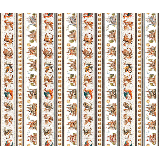 Image of the Dragon Dreams Dragon Decorative Stripe Multi quilting cotton fabric by Dan Morris for QT Fabrics. Features stripes on a cream background. Cute Little Fabric Shop