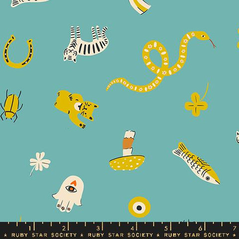 Image of the Ooh Lucky Lucky Good Luck Lucky Turquoise quilting cotton fabric by Ruby Star Society for Moda Fabrics. Features animals on a teal background. Cute Little Fabric Shop