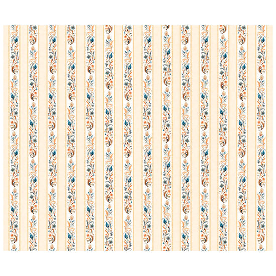 Image of the Poultry in Motion Floral Scroll Decorative Stripe Cream quilting cotton fabric by QT Fabrics. Features flowers on a tan background. Cute Little Fabric Shop
