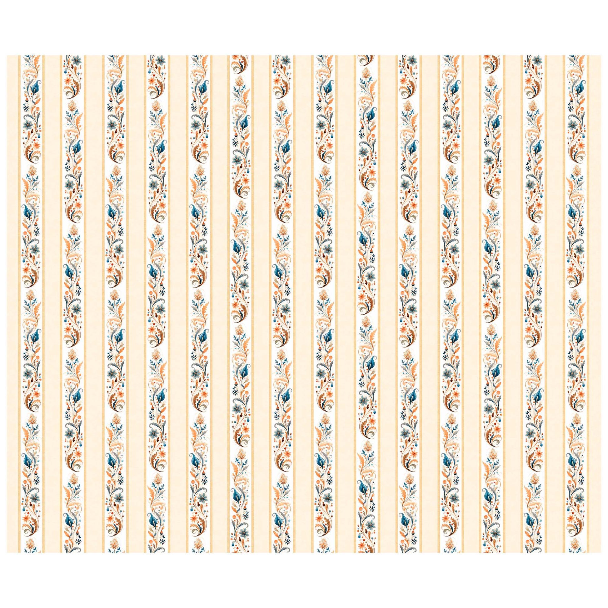 Image of the Poultry in Motion Floral Scroll Decorative Stripe Cream quilting cotton fabric by QT Fabrics. Features flowers on a tan background. Cute Little Fabric Shop