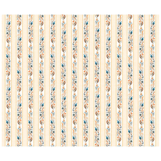 Image of the Poultry in Motion Floral Scroll Decorative Stripe Cream quilting cotton fabric by QT Fabrics. Features flowers on a tan background. Cute Little Fabric Shop